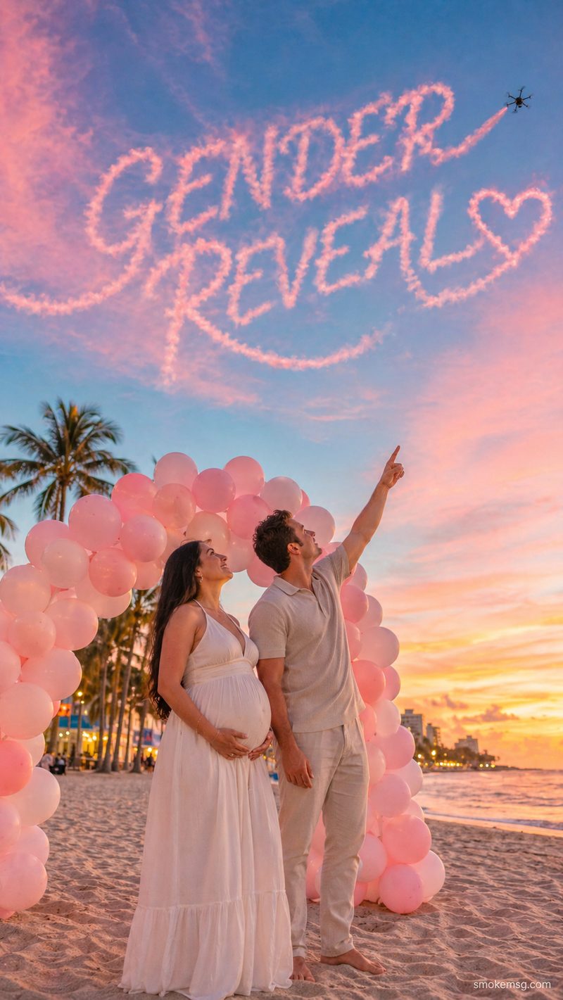 Concept render: pink-smoke gender reveal in the sky
