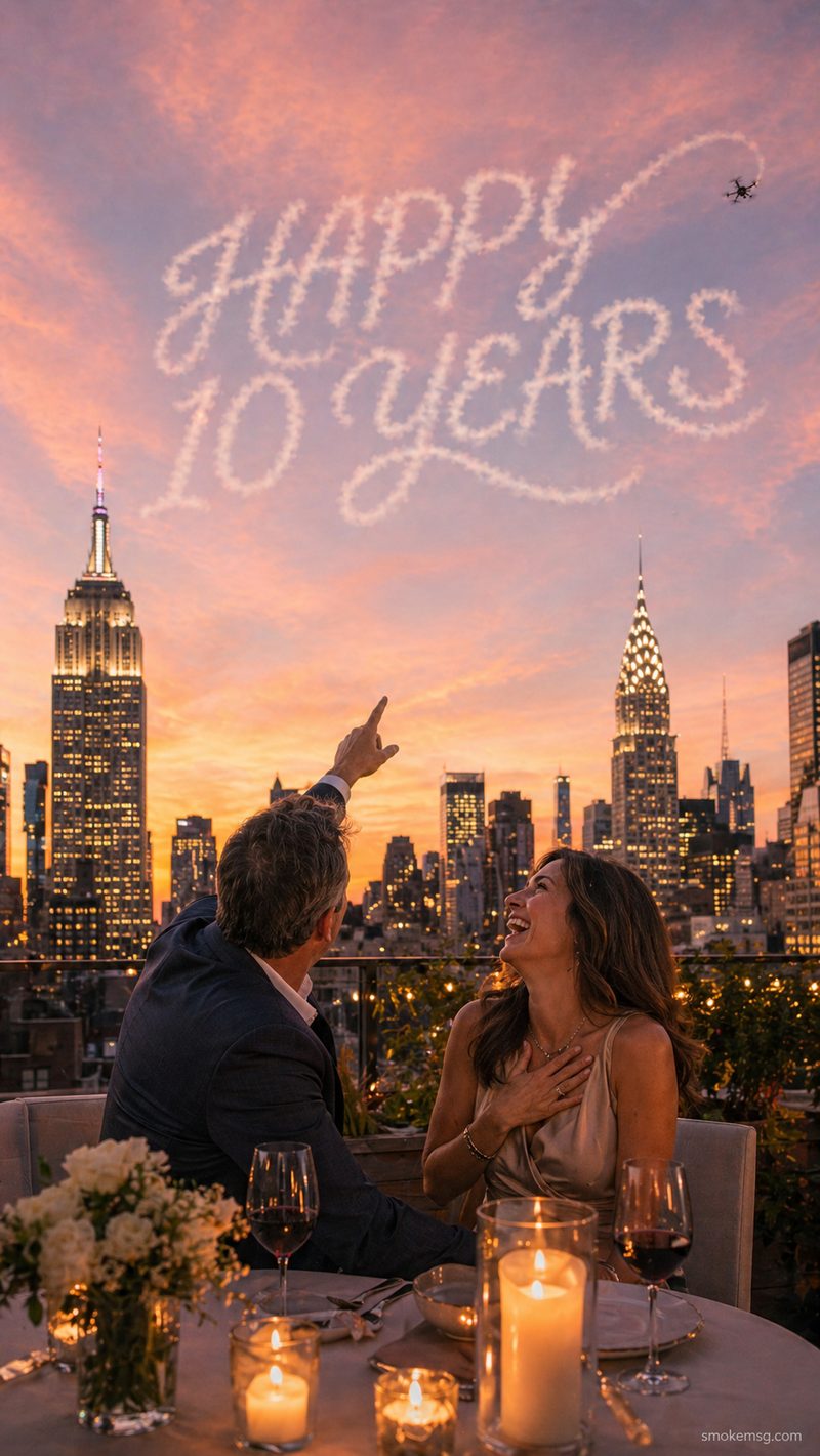 Concept render: an anniversary message above a skyline