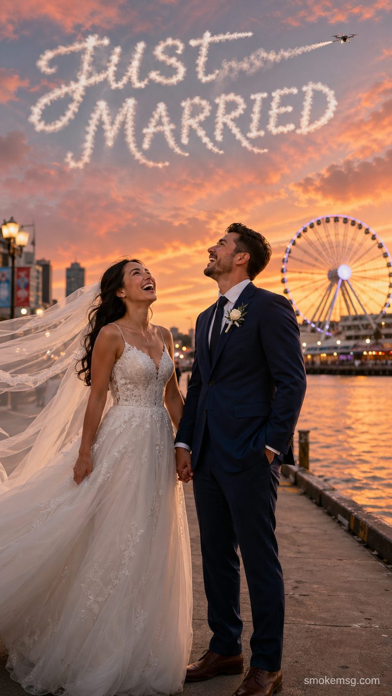 Concept render: wedding initials above a city