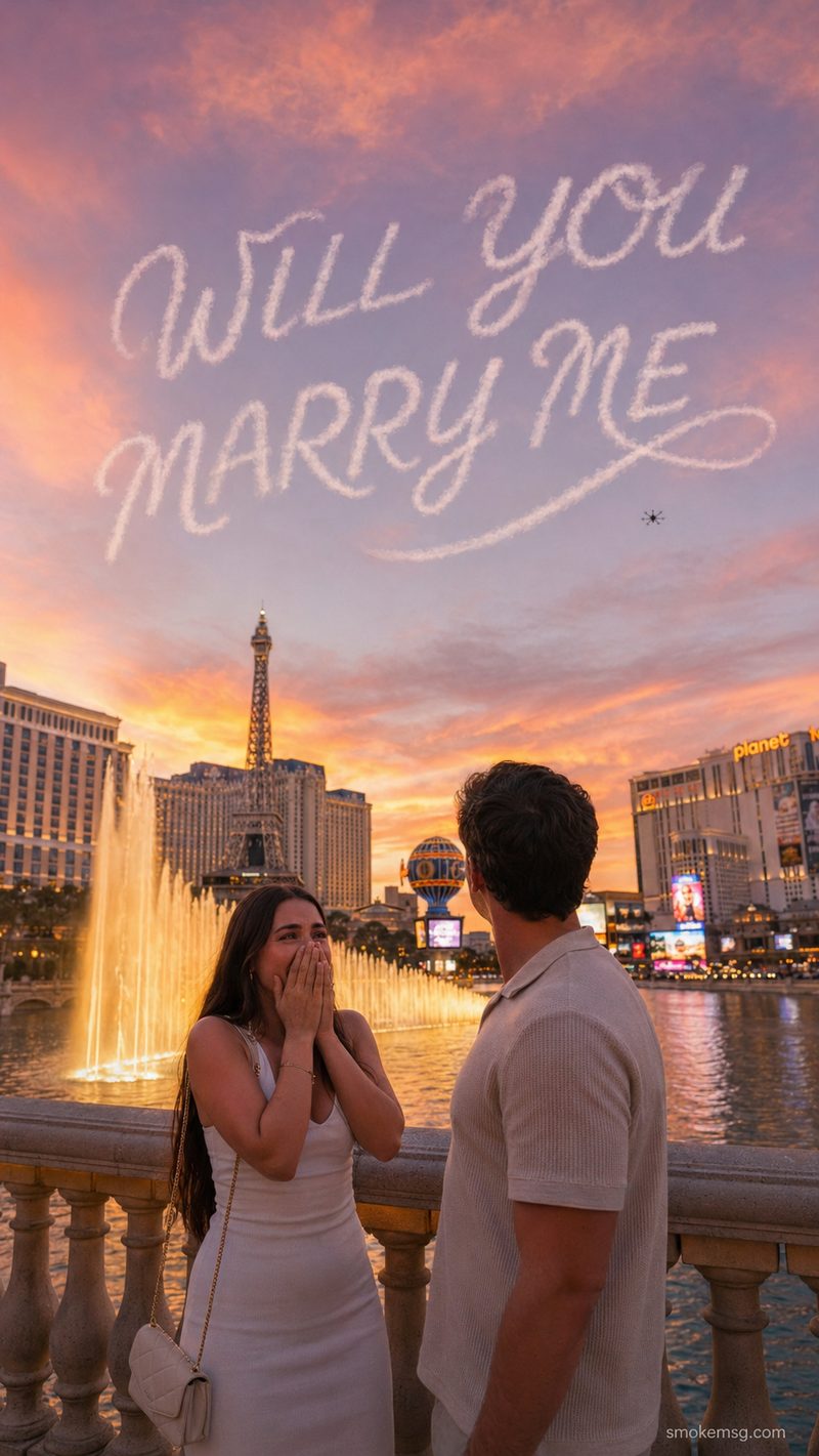 Concept render: WILL YOU MARRY ME written in the sky at sunset