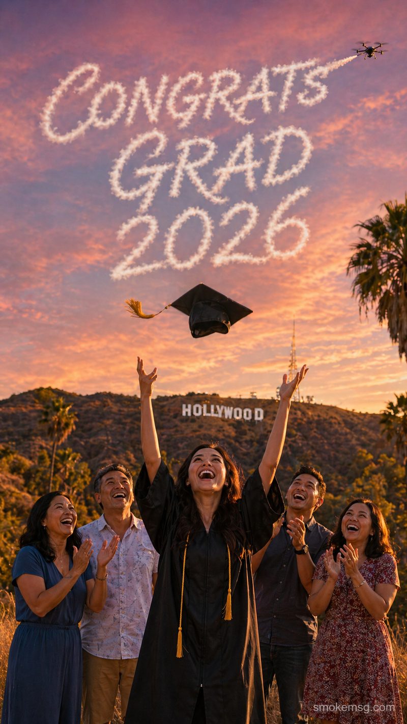Concept render: Class of 2026 graduation skywriting across the sky