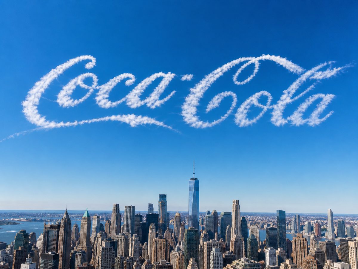 Concept render: a brand logo written in cursive smoke above a city skyline