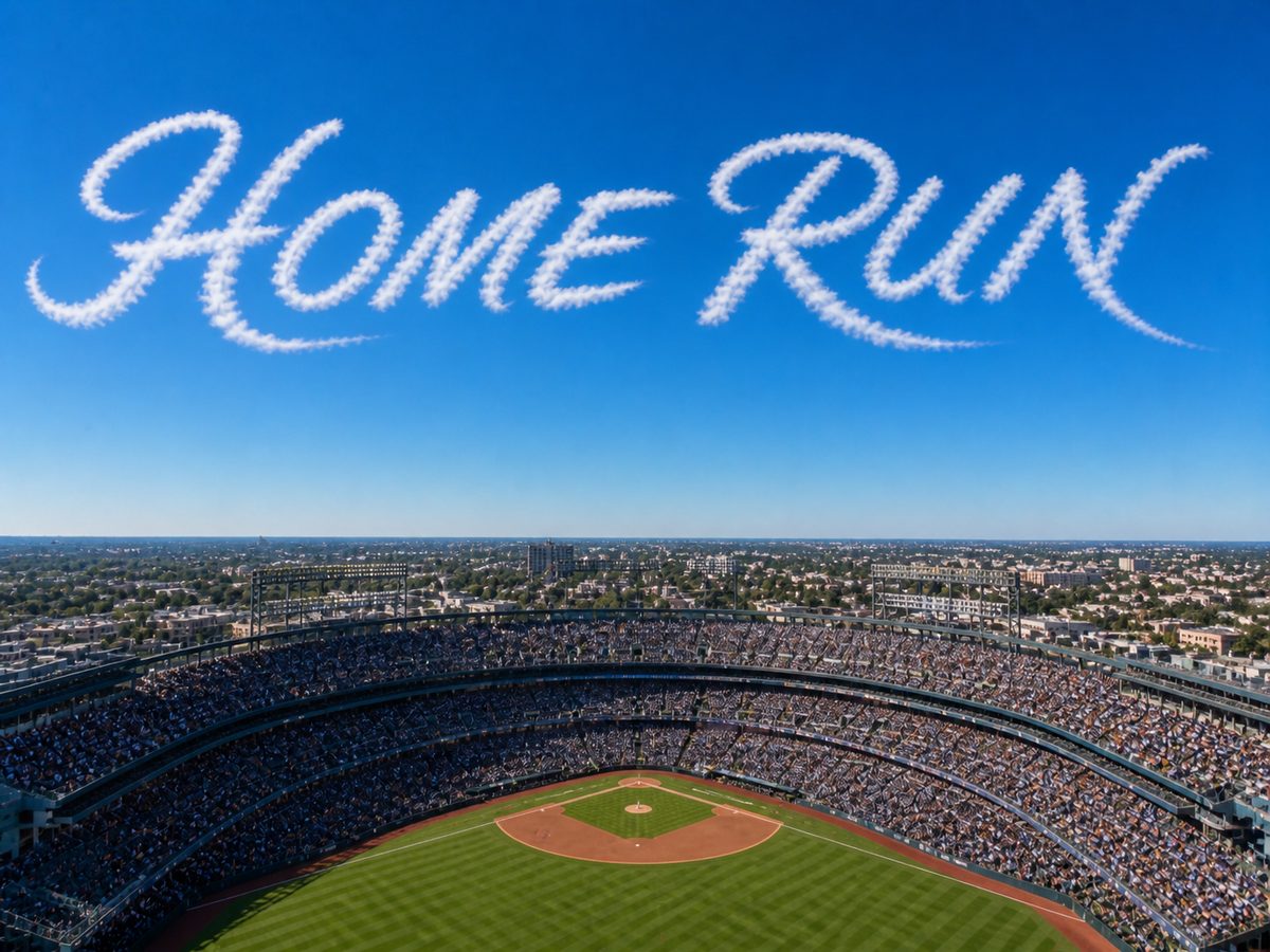 Concept render: HOME RUN written in smoke above a baseball diamond