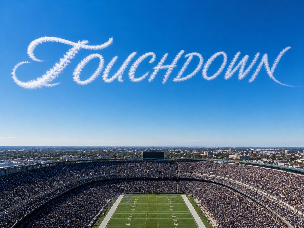 Concept render: TOUCHDOWN written in smoke above a packed football stadium