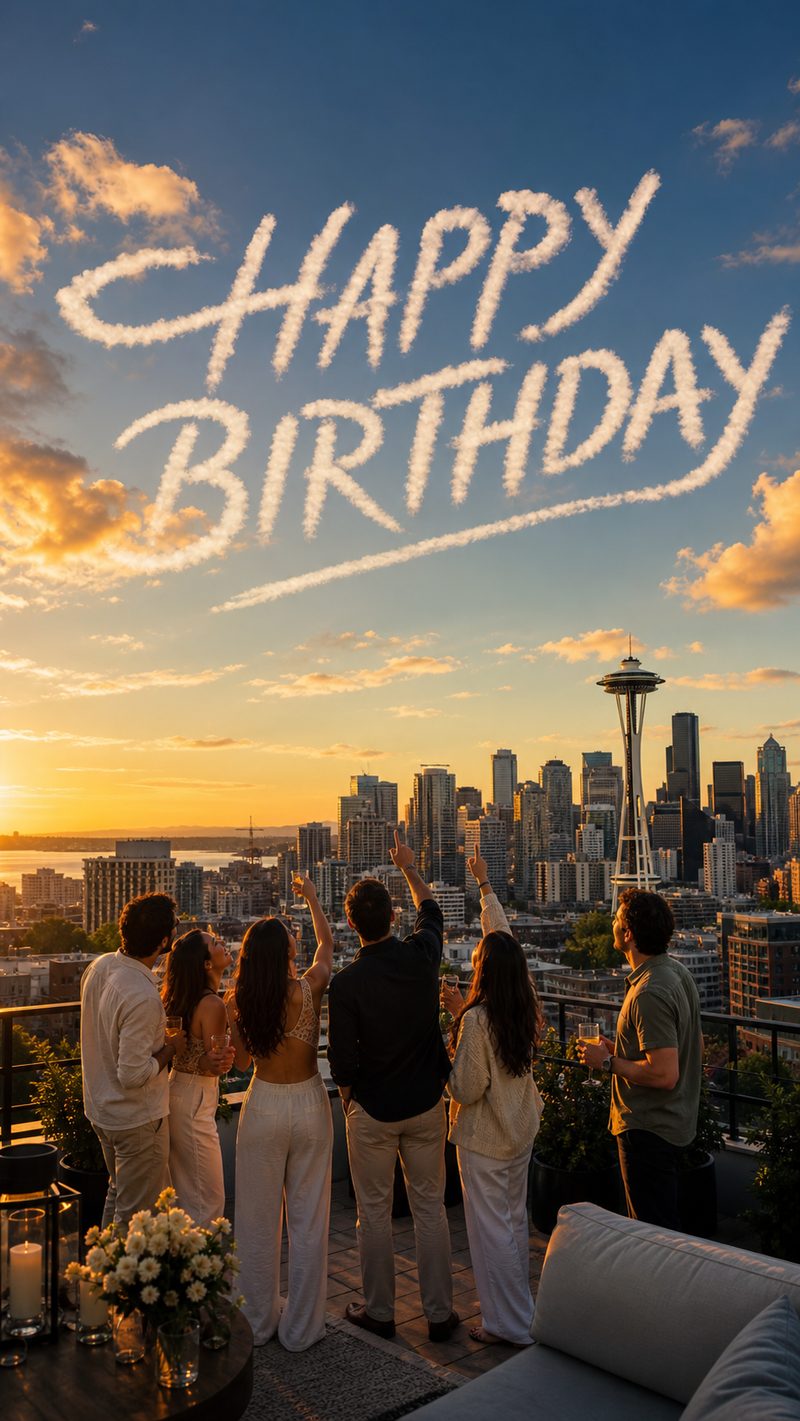 Concept render: Happy Birthday skywriting message above a skyline