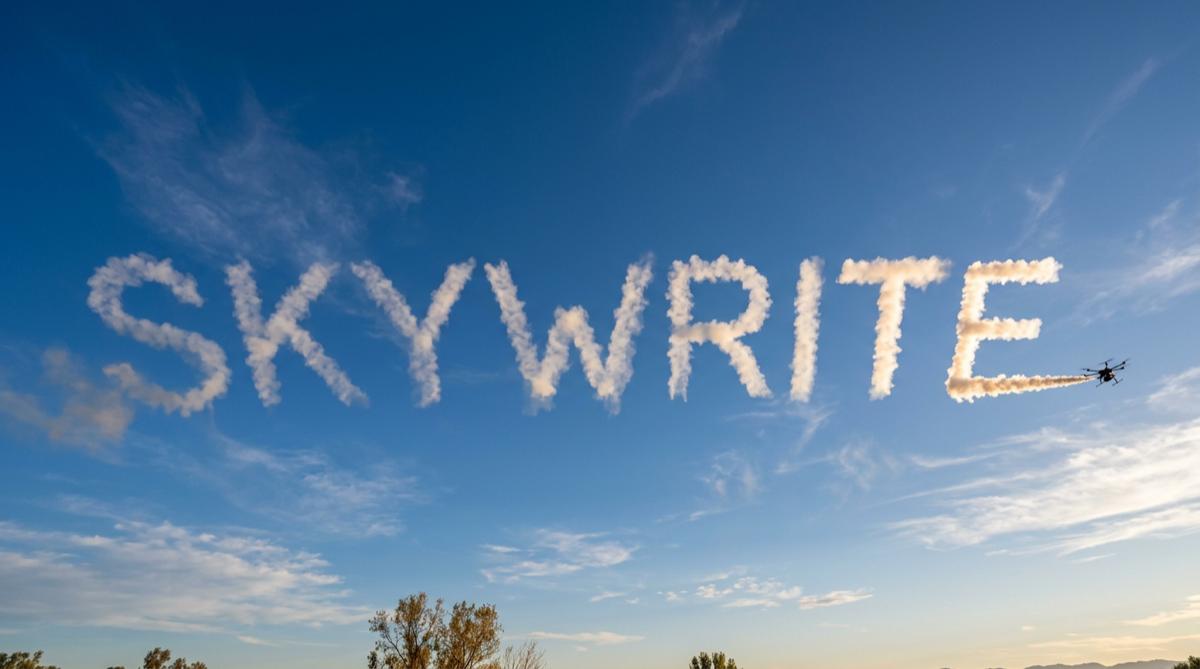 SKYWRITE written in sky smoke by drone